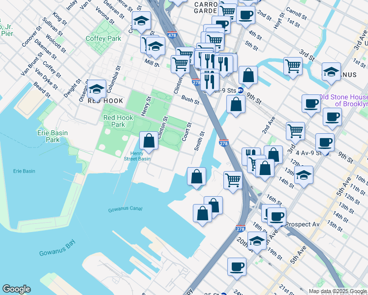 map of restaurants, bars, coffee shops, grocery stores, and more near 611 Court Street in Brooklyn