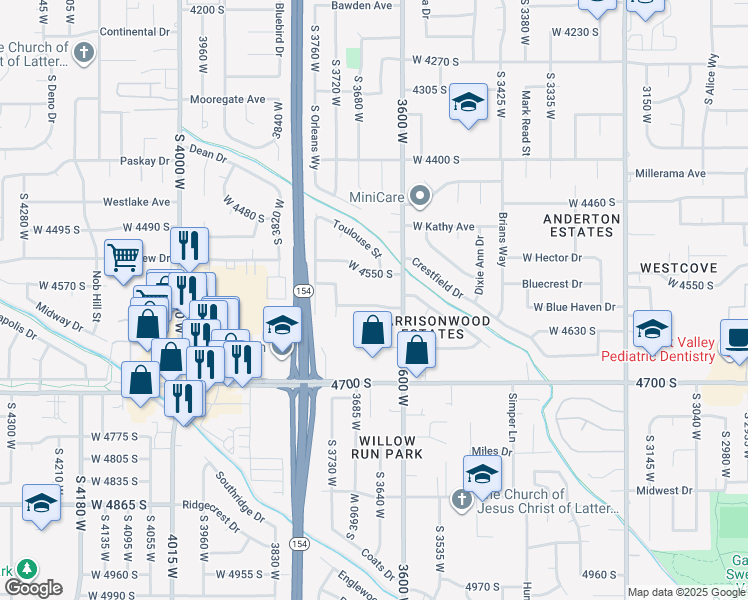 map of restaurants, bars, coffee shops, grocery stores, and more near 3650 Jasmine Street in West Valley City