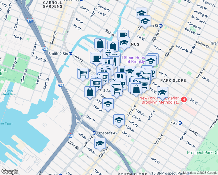 map of restaurants, bars, coffee shops, grocery stores, and more near 208 9th Street in Brooklyn