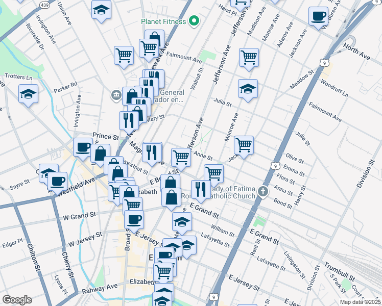 map of restaurants, bars, coffee shops, grocery stores, and more near 446 Jefferson Avenue in Elizabeth