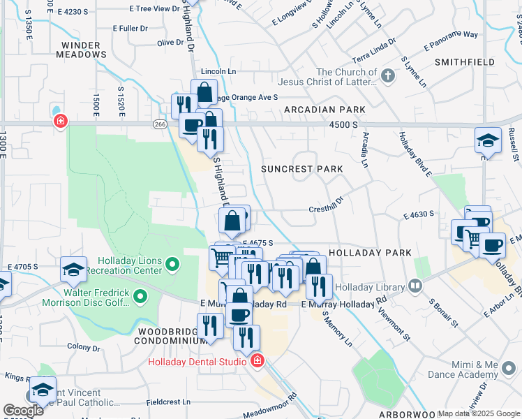 map of restaurants, bars, coffee shops, grocery stores, and more near 4586 East Wellington Street in Holladay