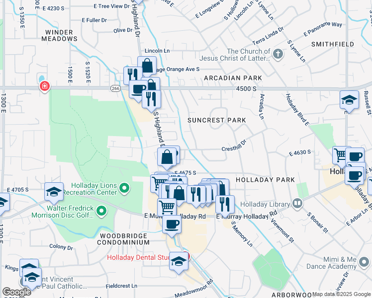 map of restaurants, bars, coffee shops, grocery stores, and more near 4586 East Wellington Street in Holladay