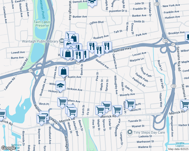 map of restaurants, bars, coffee shops, grocery stores, and more near 3350 Woodward Avenue in Wantagh
