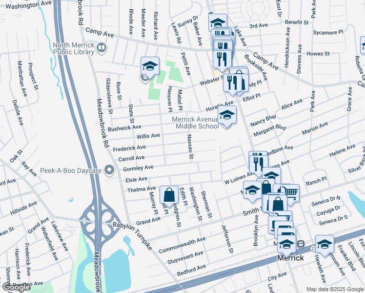map of restaurants, bars, coffee shops, grocery stores, and more near 1858 Willis Avenue in Merrick