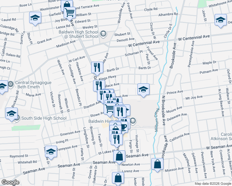 map of restaurants, bars, coffee shops, grocery stores, and more near 26 Wallace Avenue in Baldwin