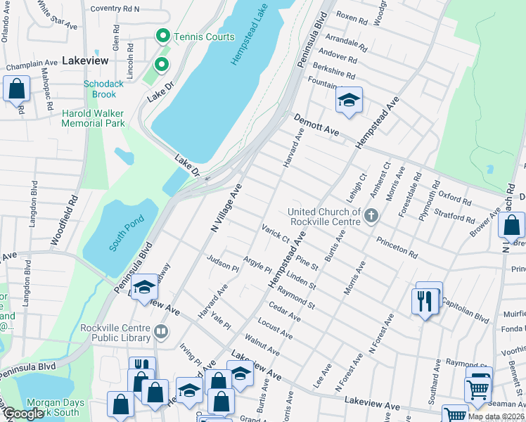 map of restaurants, bars, coffee shops, grocery stores, and more near 17 Wallace Street in Rockville Centre