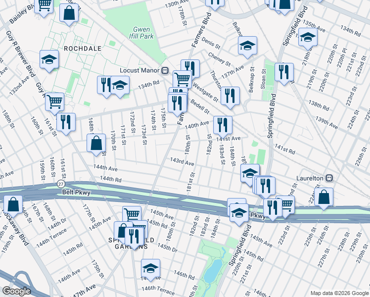 map of restaurants, bars, coffee shops, grocery stores, and more near 179-31 142nd Avenue in Queens