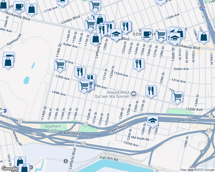 map of restaurants, bars, coffee shops, grocery stores, and more near 133-32 122nd Street in Queens