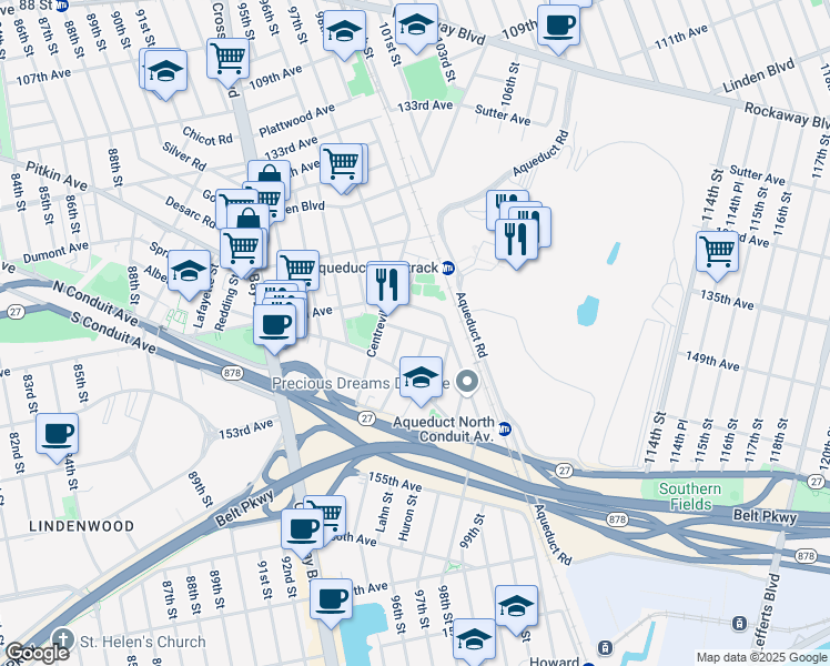 map of restaurants, bars, coffee shops, grocery stores, and more near 97-18 Bristol Avenue in Queens