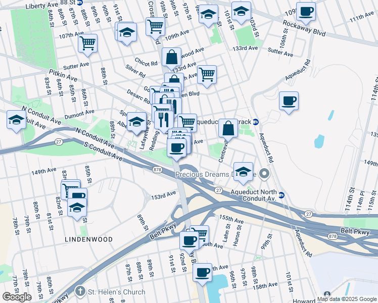 map of restaurants, bars, coffee shops, grocery stores, and more near 137-44 94th Street in Queens