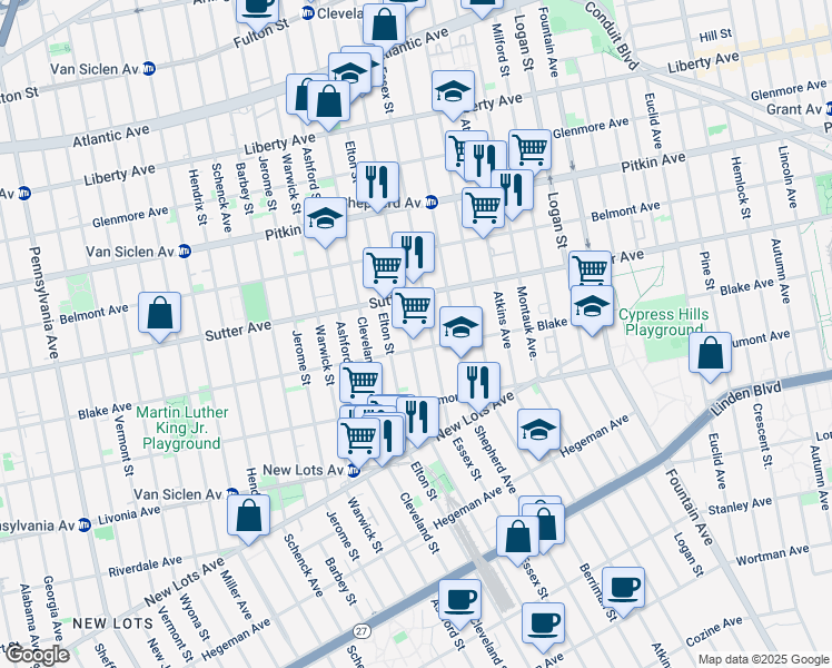 map of restaurants, bars, coffee shops, grocery stores, and more near 517 Essex Street in Brooklyn