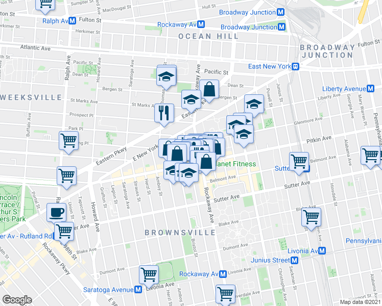 map of restaurants, bars, coffee shops, grocery stores, and more near Glenmore Avenue in Brooklyn
