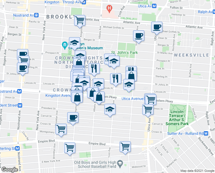 map of restaurants, bars, coffee shops, grocery stores, and more near 1207 Saint Johns Place in Brooklyn