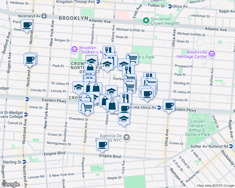 map of restaurants, bars, coffee shops, grocery stores, and more near 1207 Saint Johns Place in Brooklyn