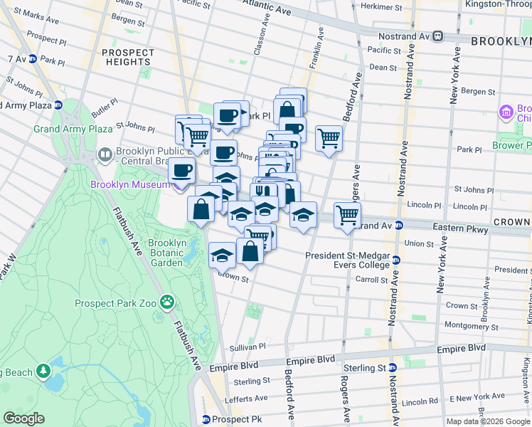 map of restaurants, bars, coffee shops, grocery stores, and more near 307 Eastern Parkway in Brooklyn
