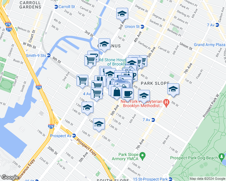 map of restaurants, bars, coffee shops, grocery stores, and more near 225 8th Street in Brooklyn