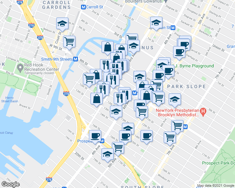 map of restaurants, bars, coffee shops, grocery stores, and more near 208 9th Street in Brooklyn