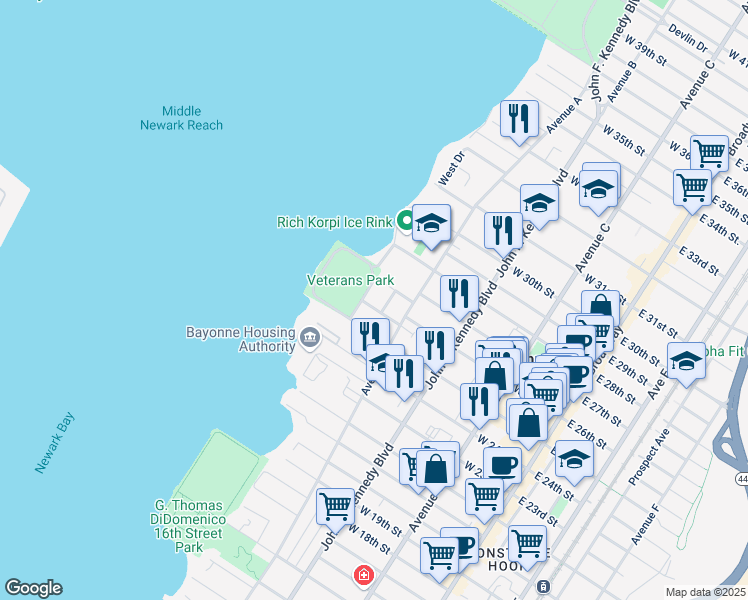 map of restaurants, bars, coffee shops, grocery stores, and more near 196 West 27th Street in Bayonne