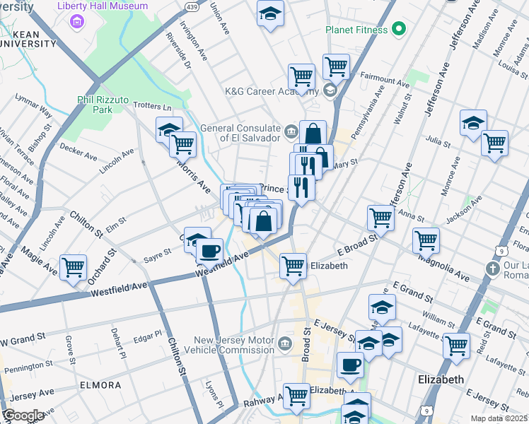 map of restaurants, bars, coffee shops, grocery stores, and more near 363 Union Avenue in Elizabeth