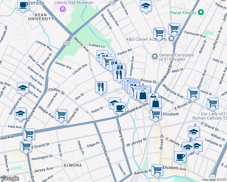 map of restaurants, bars, coffee shops, grocery stores, and more near 416 Morris Avenue in Elizabeth