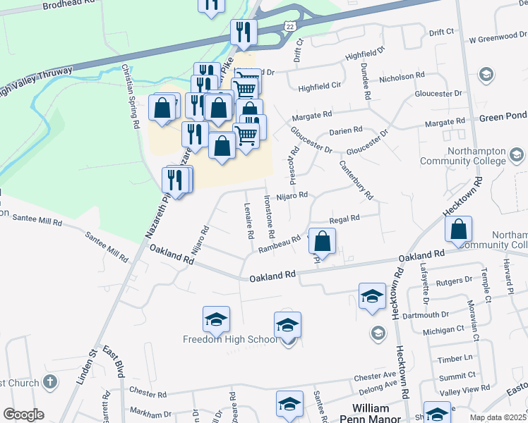 map of restaurants, bars, coffee shops, grocery stores, and more near 3702 Ironstone Road in Bethlehem