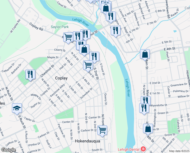 map of restaurants, bars, coffee shops, grocery stores, and more near 140 South Front Street in Coplay