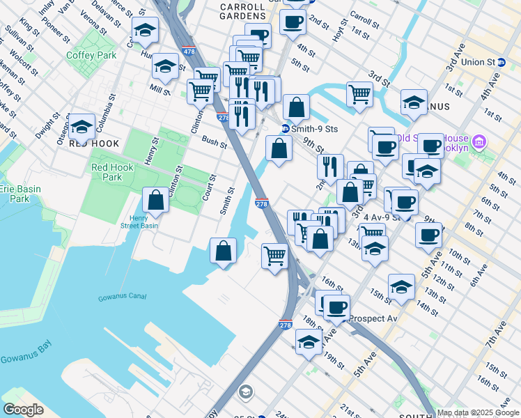 map of restaurants, bars, coffee shops, grocery stores, and more near 448 Hamilton Avenue in Brooklyn