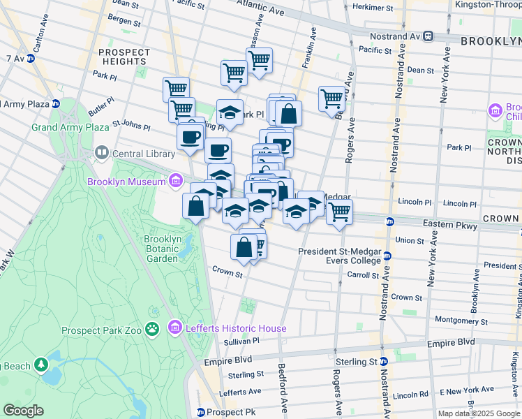 map of restaurants, bars, coffee shops, grocery stores, and more near 307 Eastern Parkway in Brooklyn