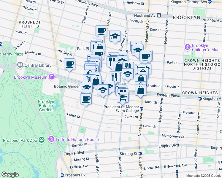 map of restaurants, bars, coffee shops, grocery stores, and more near 407 Eastern Parkway in Brooklyn