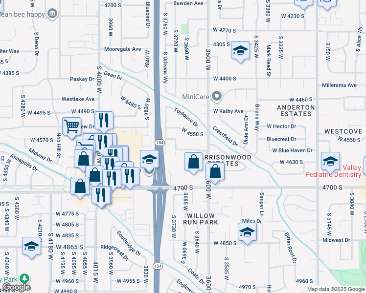 map of restaurants, bars, coffee shops, grocery stores, and more near 3692 Jasmine Street in West Valley City