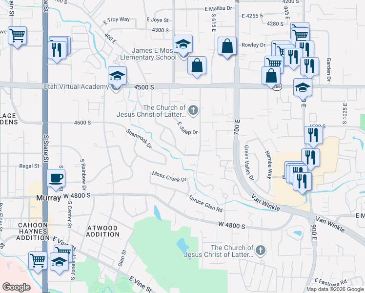 map of restaurants, bars, coffee shops, grocery stores, and more near 550 Julep Drive in Murray