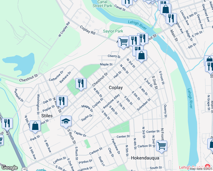 map of restaurants, bars, coffee shops, grocery stores, and more near 34 North 6th Street in Coplay