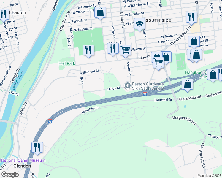 map of restaurants, bars, coffee shops, grocery stores, and more near 10 Hilton Street in Easton