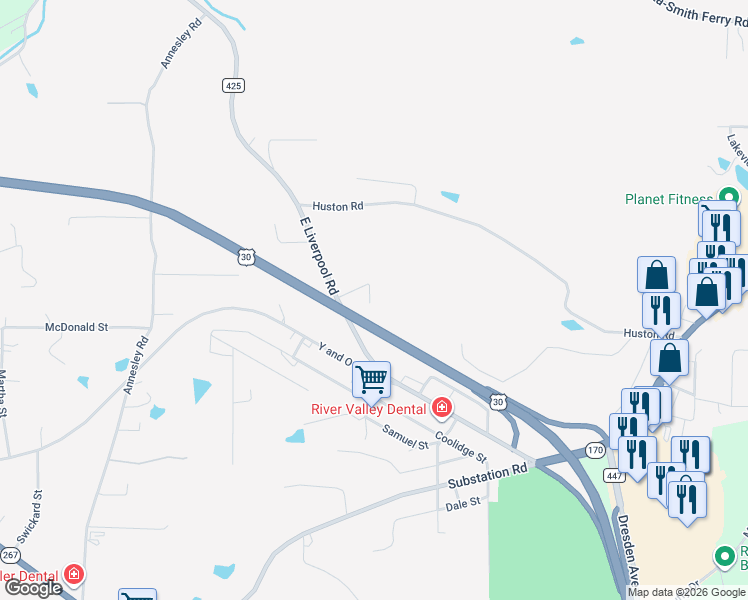 map of restaurants, bars, coffee shops, grocery stores, and more near 15956 Hamilton Street in East Liverpool