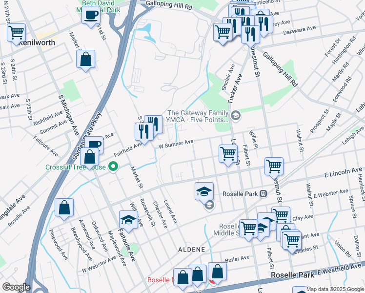 map of restaurants, bars, coffee shops, grocery stores, and more near 220 West Sumner Avenue in Roselle Park