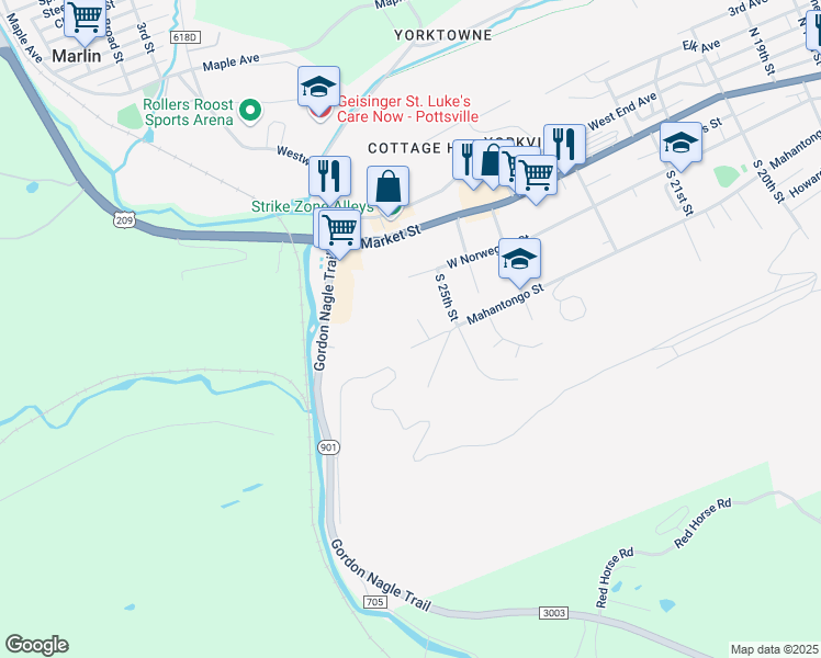 map of restaurants, bars, coffee shops, grocery stores, and more near 39 South 26th Street in Pottsville