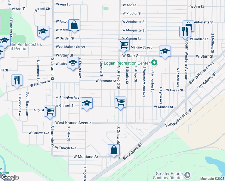 map of restaurants, bars, coffee shops, grocery stores, and more near 2602 West Fremont Street in Peoria