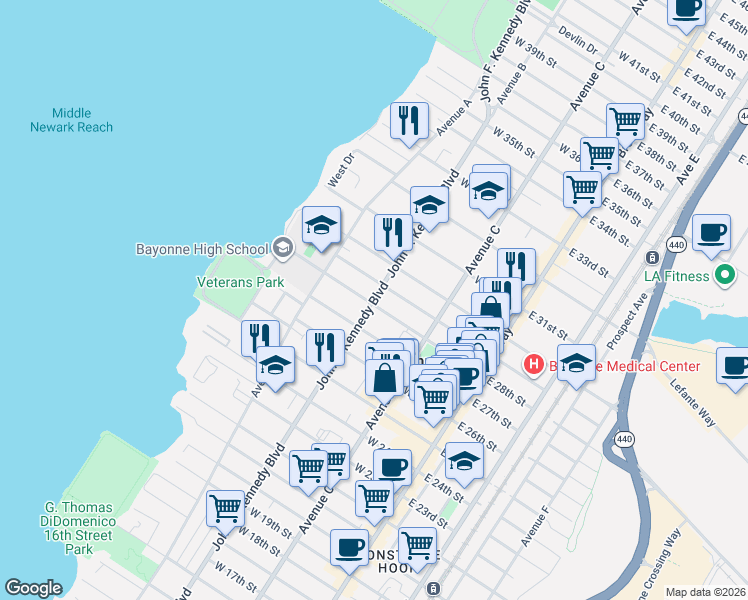 map of restaurants, bars, coffee shops, grocery stores, and more near 120 West 29th Street in Bayonne