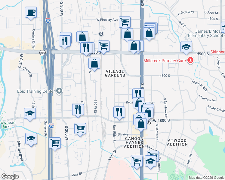 map of restaurants, bars, coffee shops, grocery stores, and more near 4670 Box Elder Street in Murray