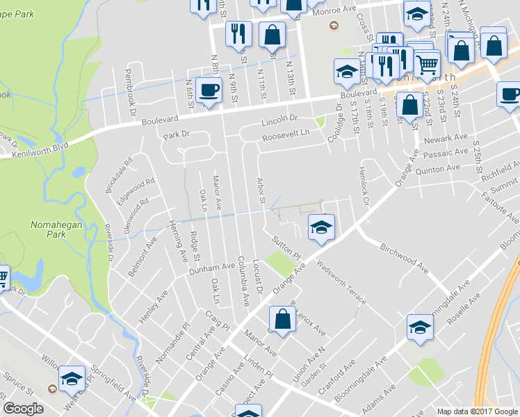 map of restaurants, bars, coffee shops, grocery stores, and more near 201 Arbor Street in Cranford
