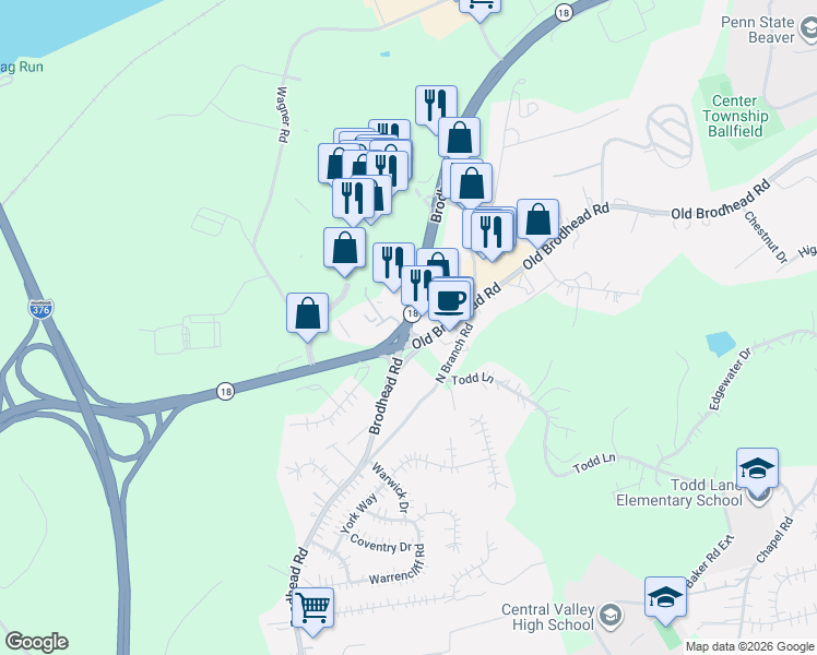 map of restaurants, bars, coffee shops, grocery stores, and more near Brodhead Road in Monaca