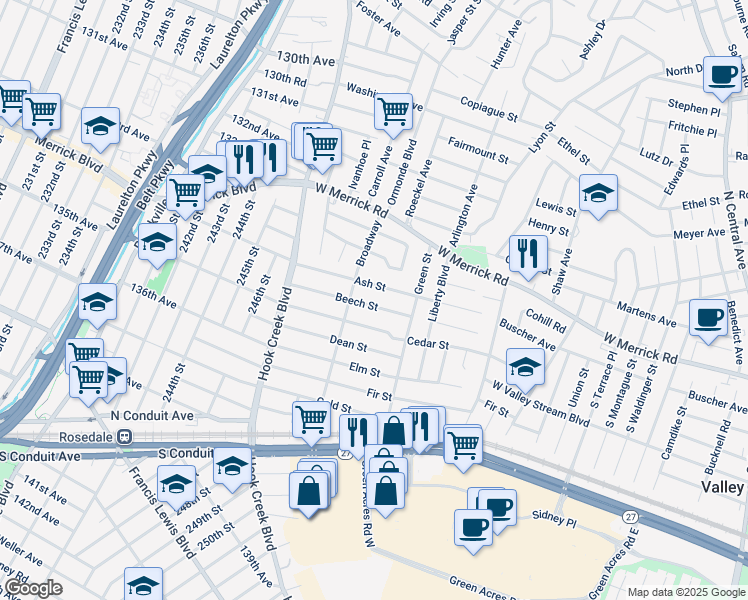 map of restaurants, bars, coffee shops, grocery stores, and more near 77 Broadway in Valley Stream