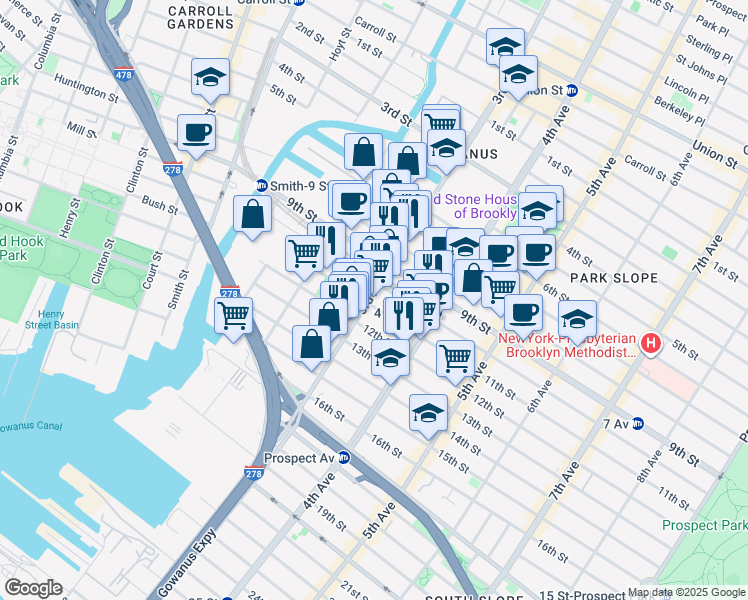 map of restaurants, bars, coffee shops, grocery stores, and more near 489 3rd Avenue in Brooklyn
