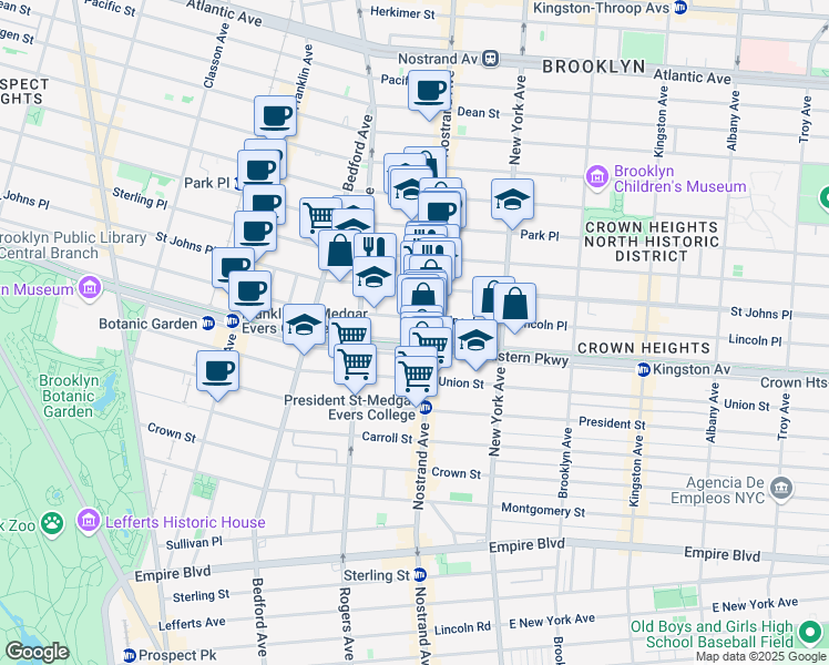 map of restaurants, bars, coffee shops, grocery stores, and more near 519 Eastern Parkway in Brooklyn