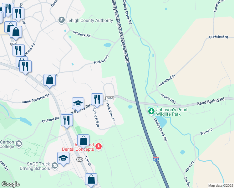 map of restaurants, bars, coffee shops, grocery stores, and more near 4101 Sand Spring Road in Schnecksville