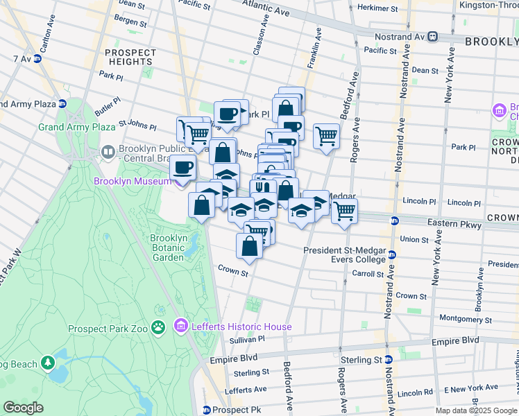 map of restaurants, bars, coffee shops, grocery stores, and more near 307 Eastern Parkway in Brooklyn