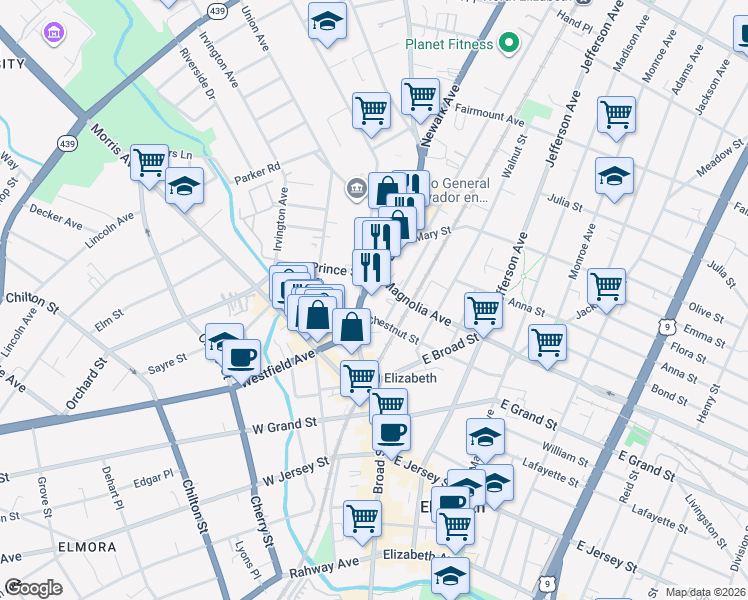 map of restaurants, bars, coffee shops, grocery stores, and more near 323 North Broad Street in Elizabeth