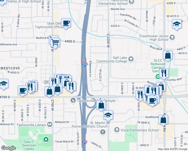map of restaurants, bars, coffee shops, grocery stores, and more near 4584 South Knightsbridge Road in Taylorsville