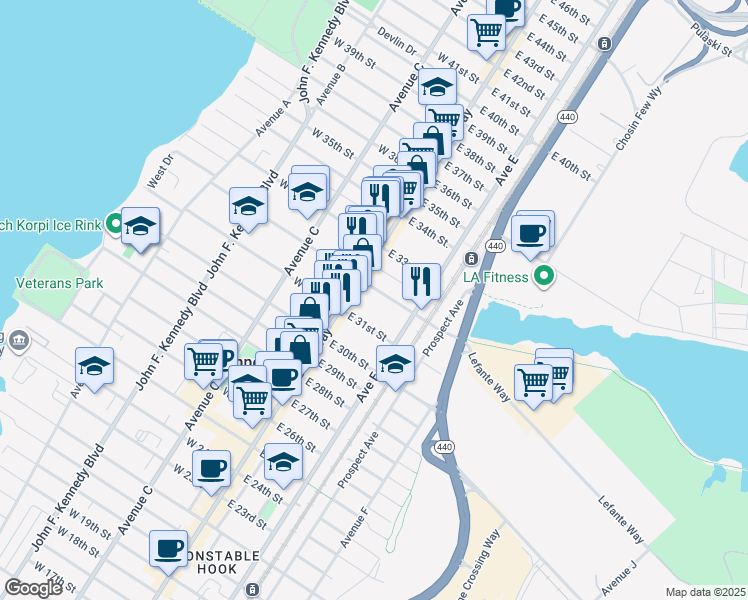 map of restaurants, bars, coffee shops, grocery stores, and more near 702 Broadway in Bayonne