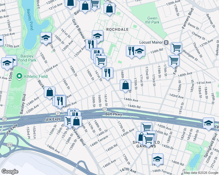 map of restaurants, bars, coffee shops, grocery stores, and more near 137-21 161 Street in Queens